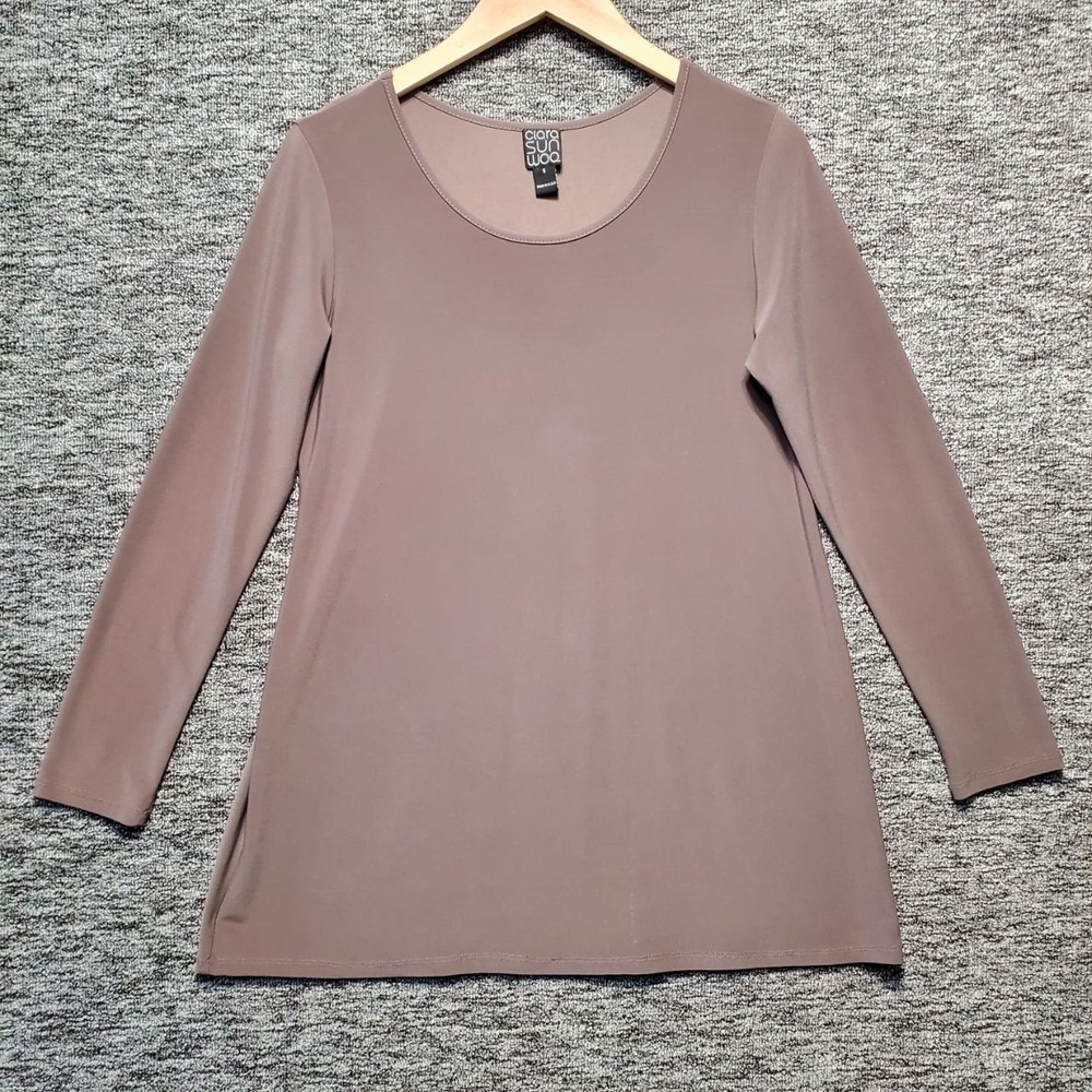 Clara Sun Woo Tunic Top Women S Taupe Long Sleeve Stretch Knit Travel Capsule